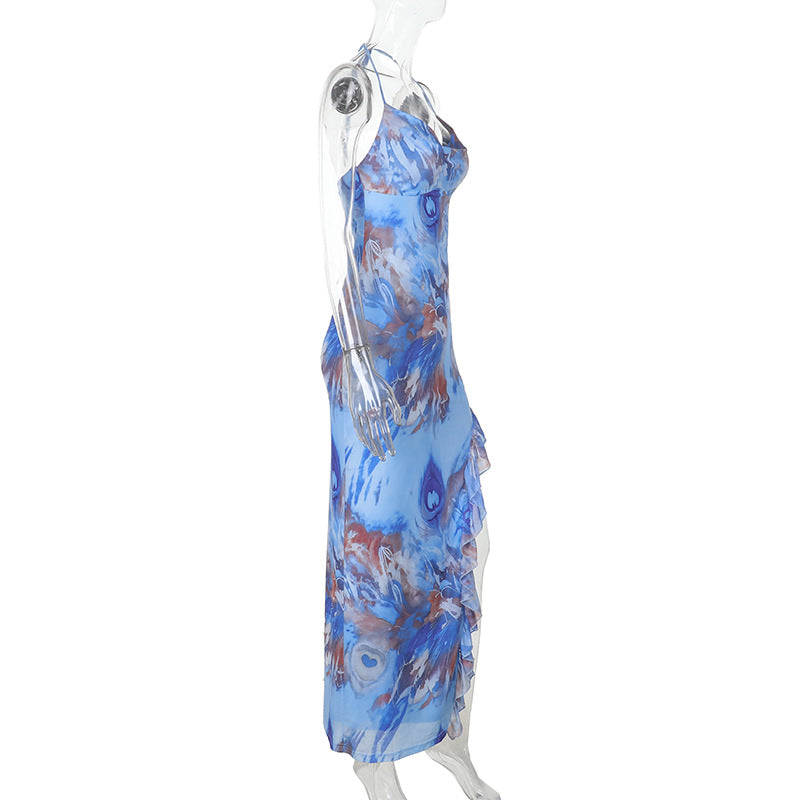 Ruffle slit print halter self tie cowl neck maxi dress  | Festival Outfits Women