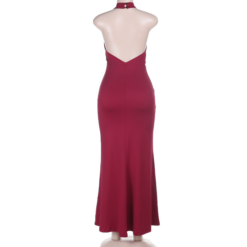 Halter crewneck lace backless solid maxi dress  | Festival Outfits Women