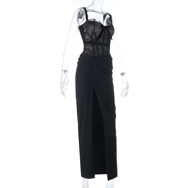 Lace hem bowknot slit ruched cami maxi dress  | Festival Outfits Women