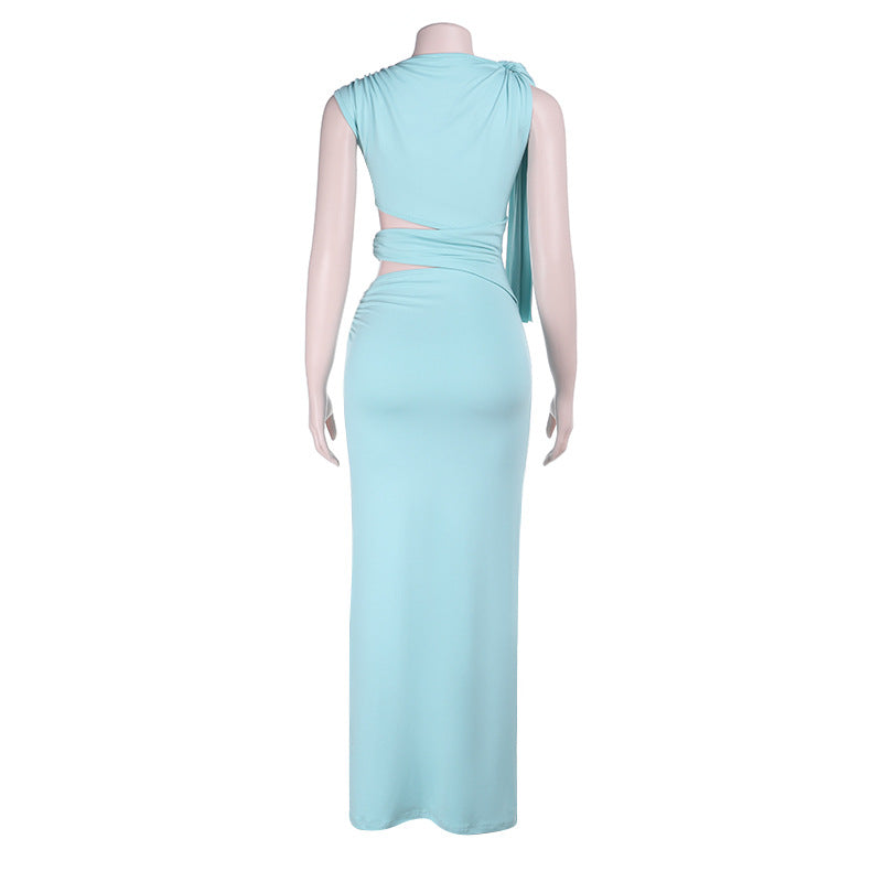 Crewneck hollow out irregular ruched cut out maxi dress  | Festival Outfits Women