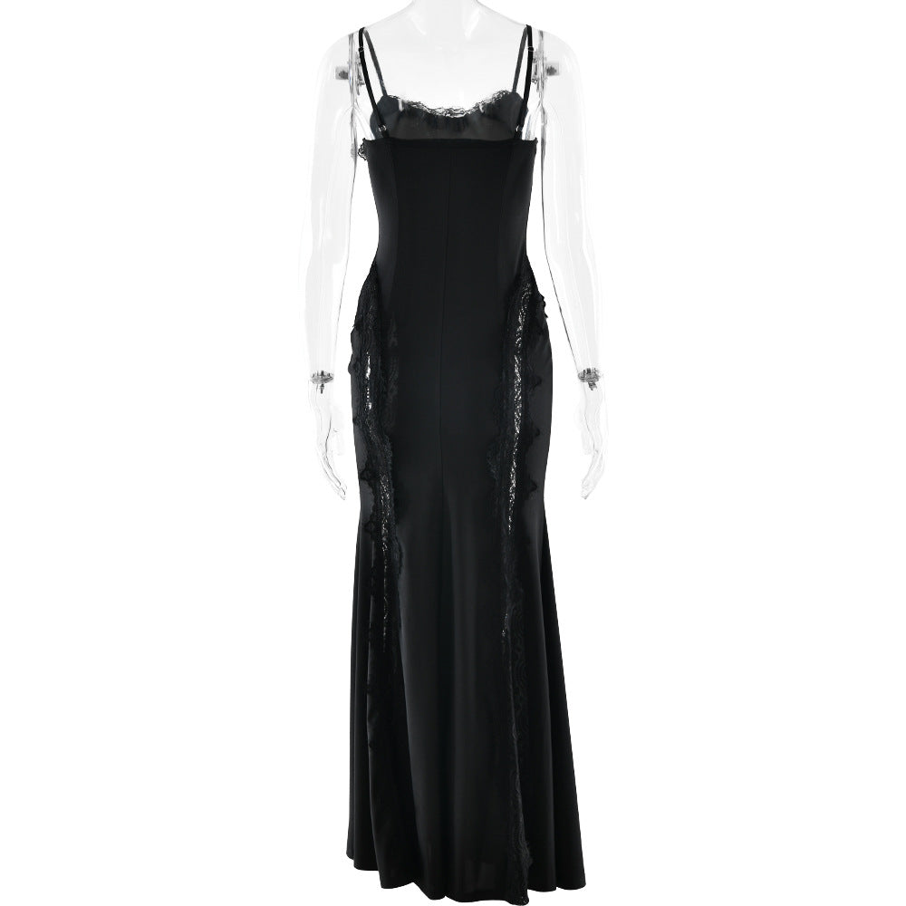 Lace hem v neck backless solid cami maxi dress  | Festival Outfits Women