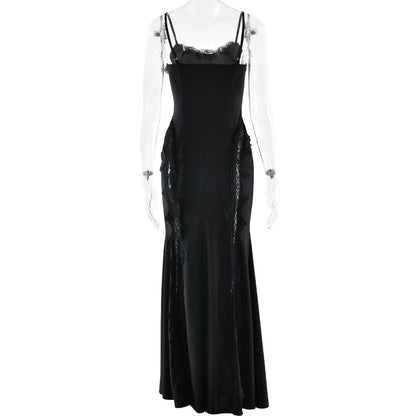Lace hem v neck backless solid cami maxi dress  | Festival Outfits Women