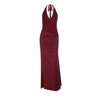 Halter self tie ruched v neck backless maxi dress  | Festival Outfits Women
