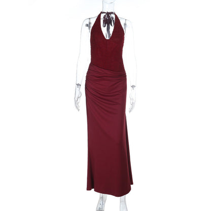 Halter self tie ruched v neck backless maxi dress  | Festival Outfits Women