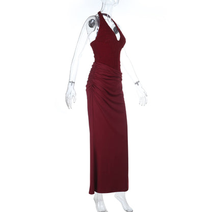 Halter self tie ruched v neck backless maxi dress  | Festival Outfits Women