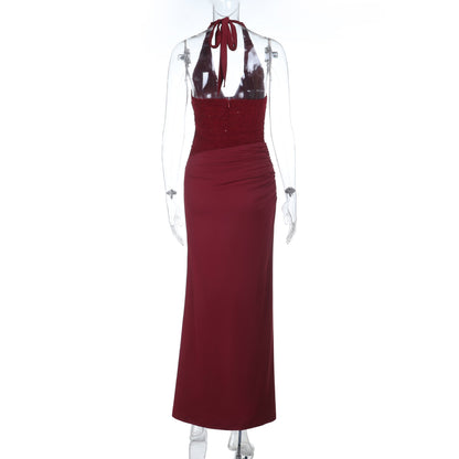 Halter self tie ruched v neck backless maxi dress  | Festival Outfits Women
