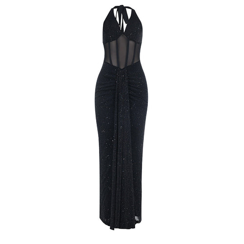 Ruched v neck halter self tie backless maxi dress  | Festival Outfits Women
