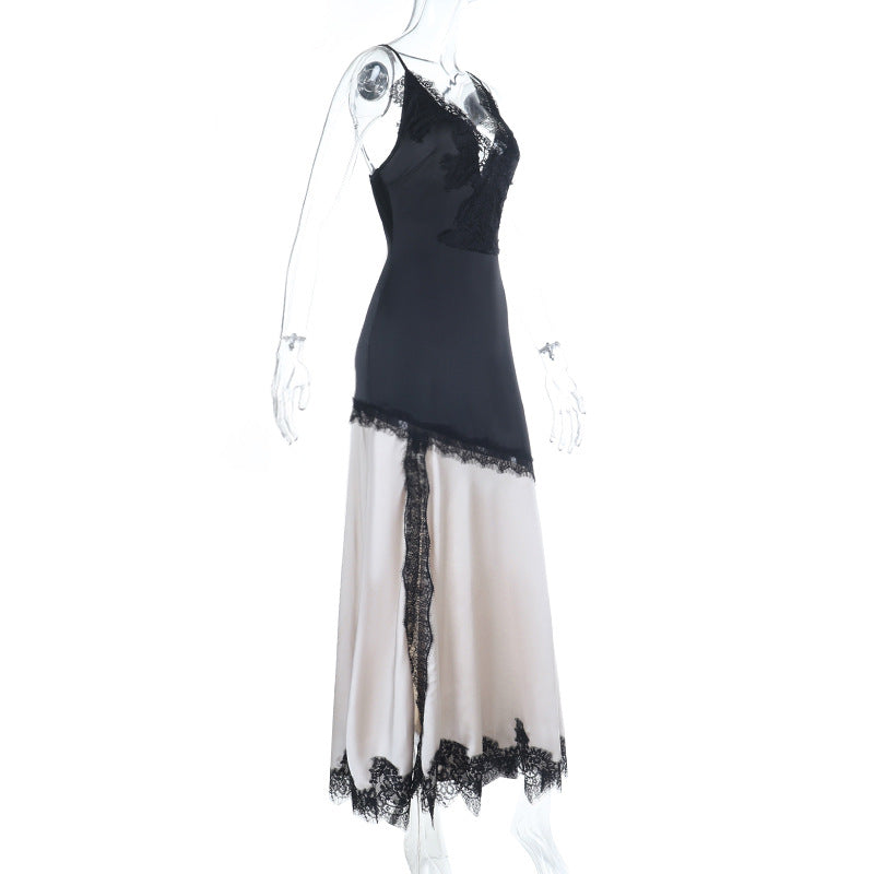 Lace hem v neck slit irregular cami maxi dress  | Festival Outfits Women