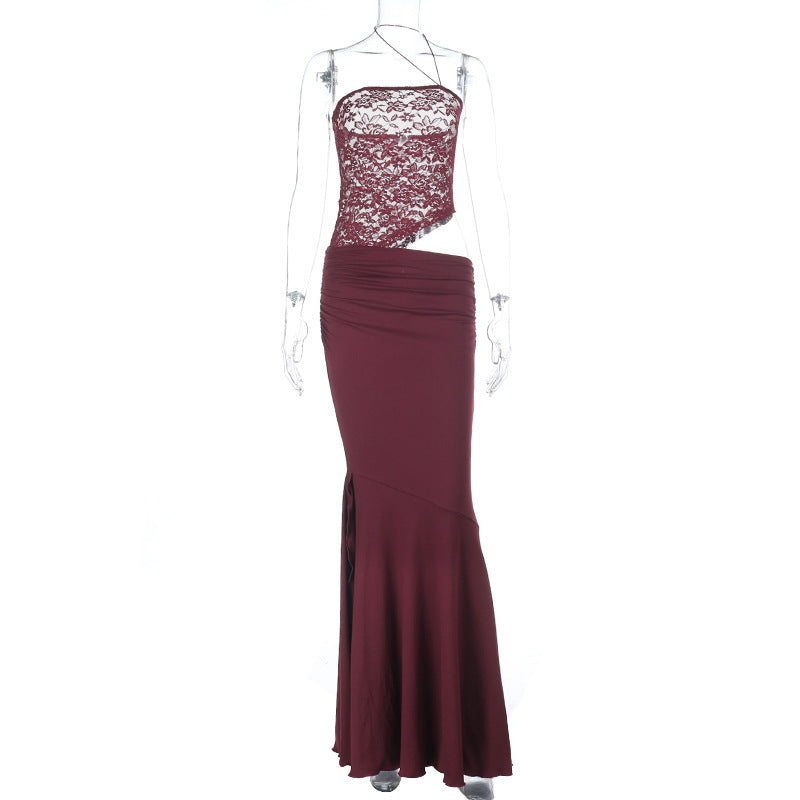 Irregular lace hollow out ruched halter cut out maxi dress  | Festival Outfits Women