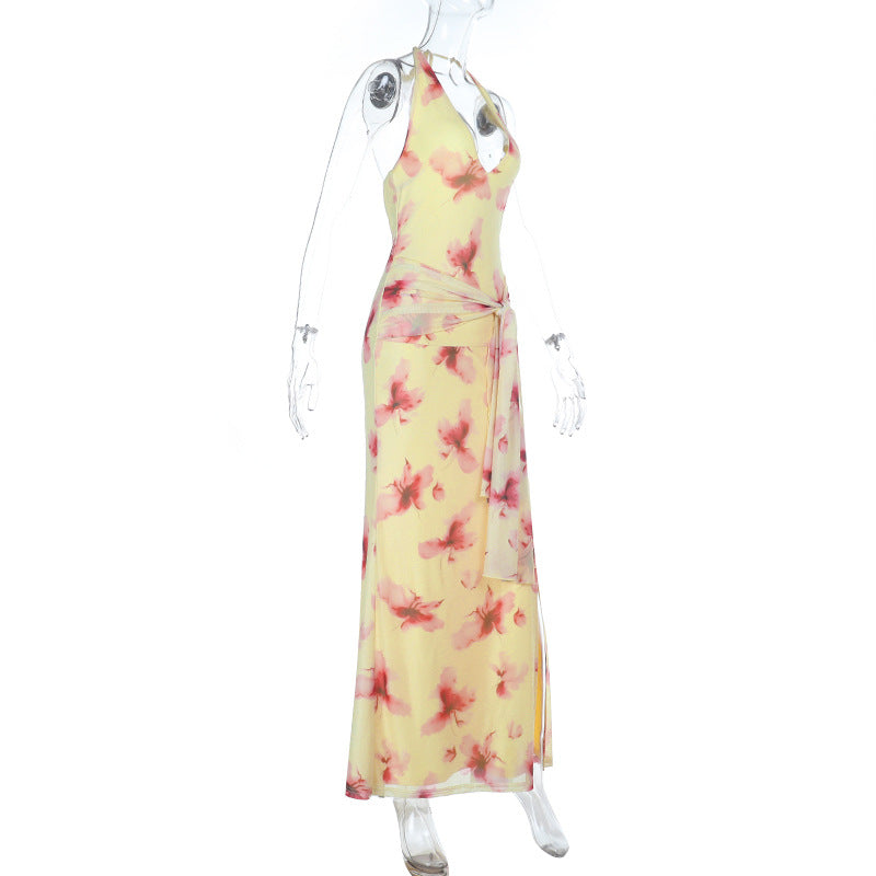 Slit flower print v neck halter self tie maxi dress  | Festival Outfits Women
