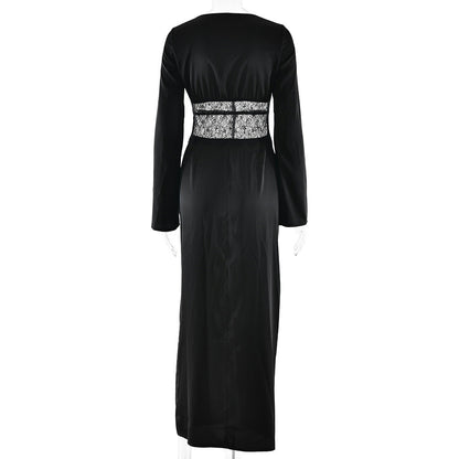 Long sleeve v neck lace satin zip-up maxi dress  | Festival Outfits Women