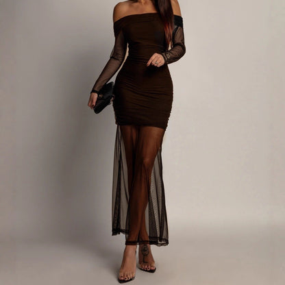 Off shoulder long sleeve ruched mesh maxi dress  | Festival Outfits Women