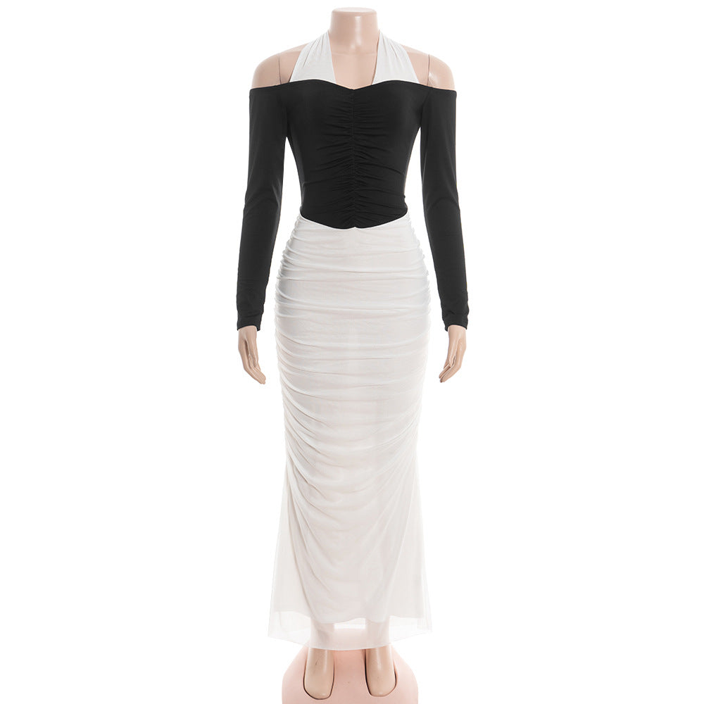 Ruched long sleeve halter self tie maxi dress  | Festival Outfits Women
