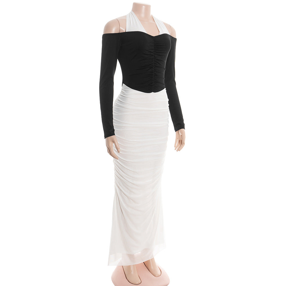Ruched long sleeve halter self tie maxi dress  | Festival Outfits Women