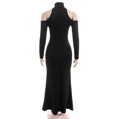 Long sleeve high neck hollow out mesh maxi dress  | Festival Outfits Women