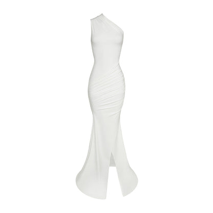 One shoulder ruched slit solid irregular maxi dress  | Festival Outfits Women