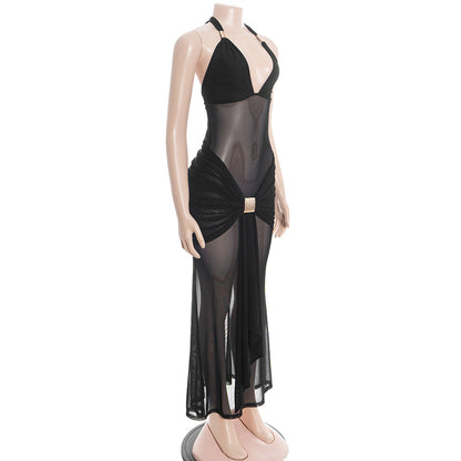 Halter self tie mesh ruched v neck maxi dress  | Festival Outfits Women