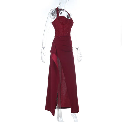 Irregular pleated slit halter self tie maxi dress  | Festival Outfits Women