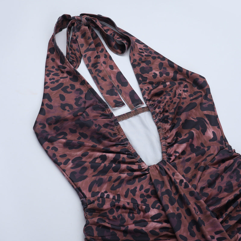 Leopard print ruched halter self tie v neck maxi dress  | Festival Outfits Women