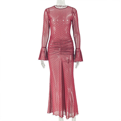 Polka dot long flared sleeve ruched sheer mesh maxi dress  | Festival Outfits Women