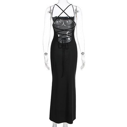 Cross back self tie square neck backless maxi dress  | Festival Outfits Women
