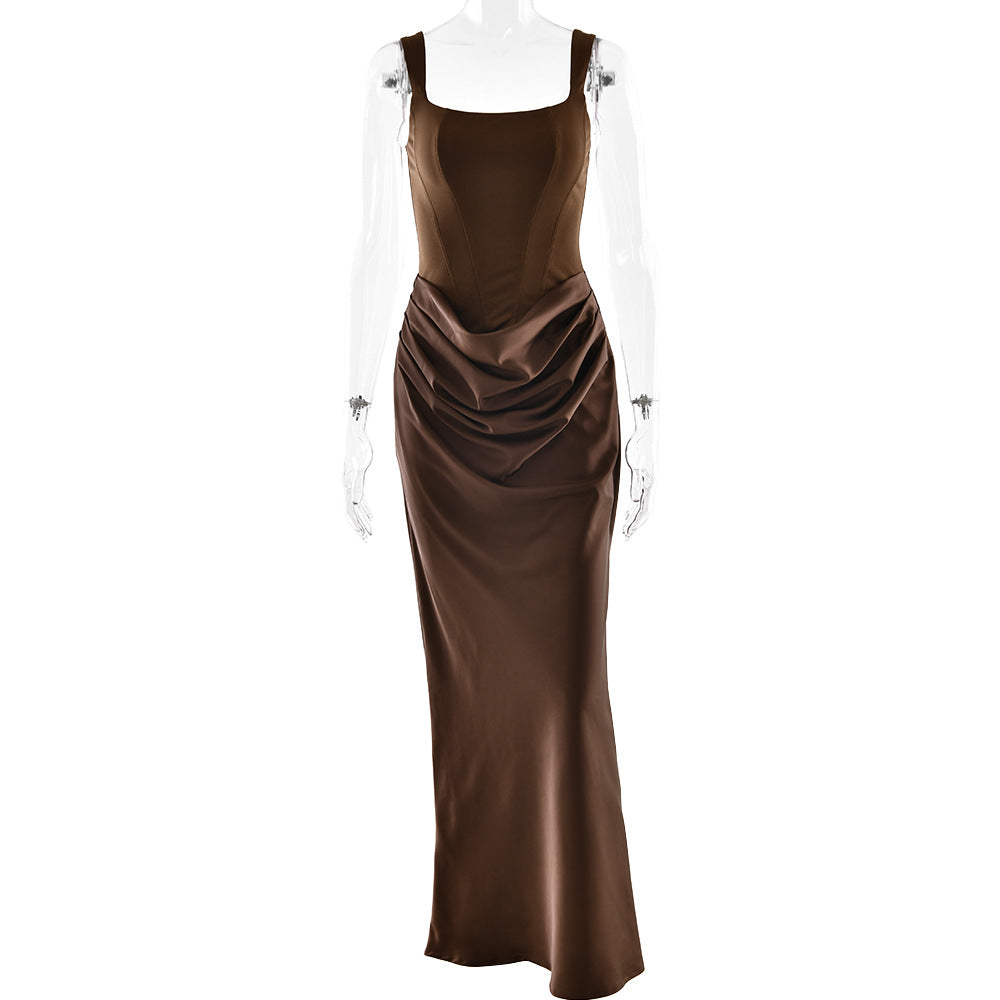 Ruched u neck backless solid cami maxi dress  | Festival Outfits Women