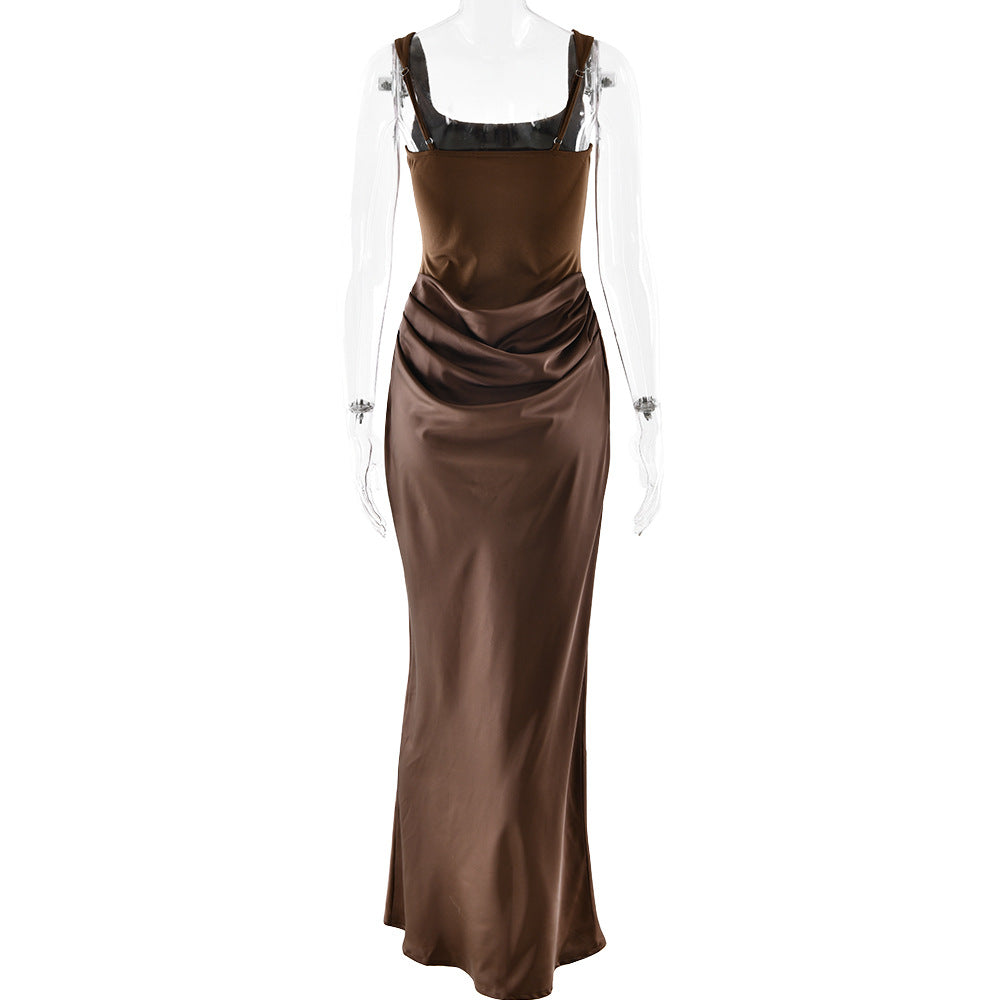 Ruched u neck backless solid cami maxi dress  | Festival Outfits Women