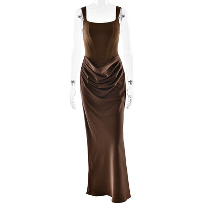 Ruched u neck backless solid cami maxi dress  | Festival Outfits Women