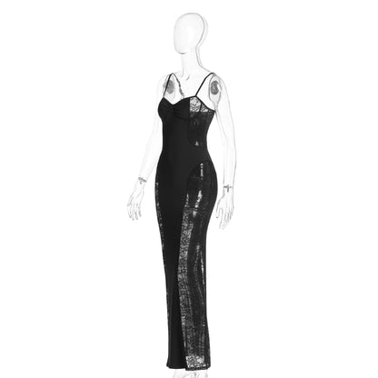 Lace slit v neck zip-up cami maxi dress  | Festival Outfits Women