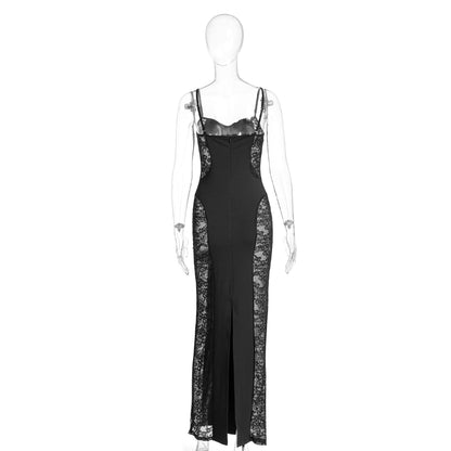 Lace slit v neck zip-up cami maxi dress  | Festival Outfits Women
