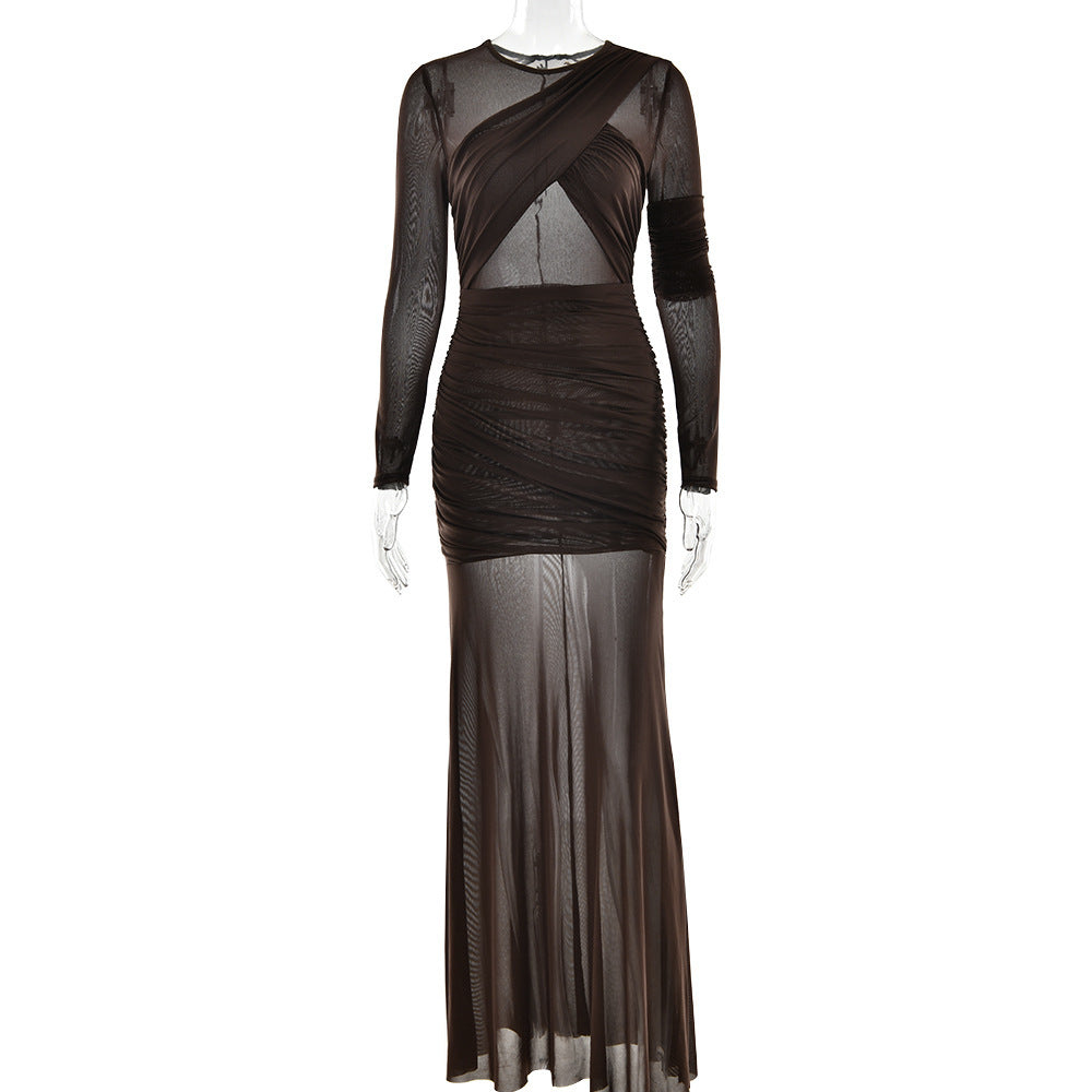 Crewneck long sleeve mesh ruched maxi dress  | Festival Outfits Women