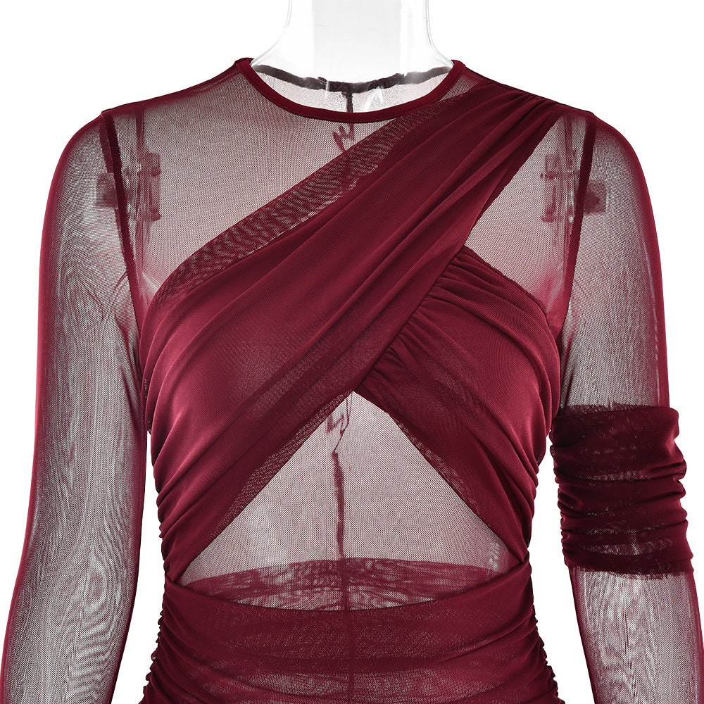 Crewneck long sleeve mesh ruched maxi dress  | Festival Outfits Women