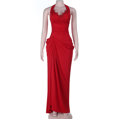 Ruched slit halter self tie v neck maxi dress  | Festival Outfits Women