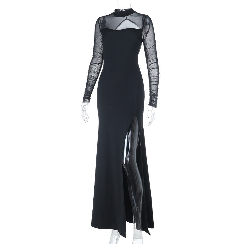 Long sleeve crewneck slit solid mesh maxi dress  | Festival Outfits Women