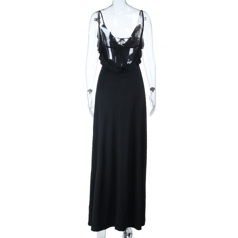 Ruffle v neck self tie backless cami maxi dress  | Festival Outfits Women