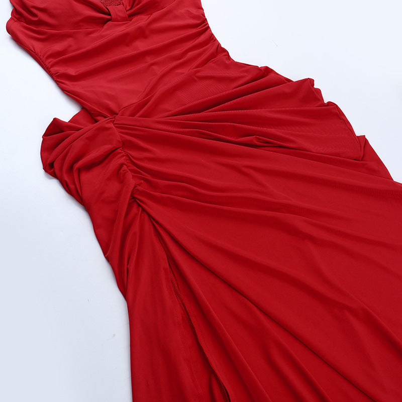 Ruched slit halter self tie v neck maxi dress  | Festival Outfits Women