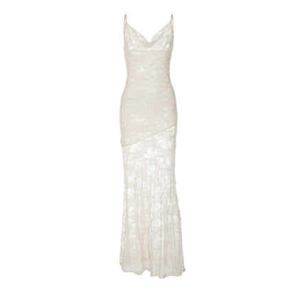 Cowl neck lace backless solid cami maxi dress  | Festival Outfits Women