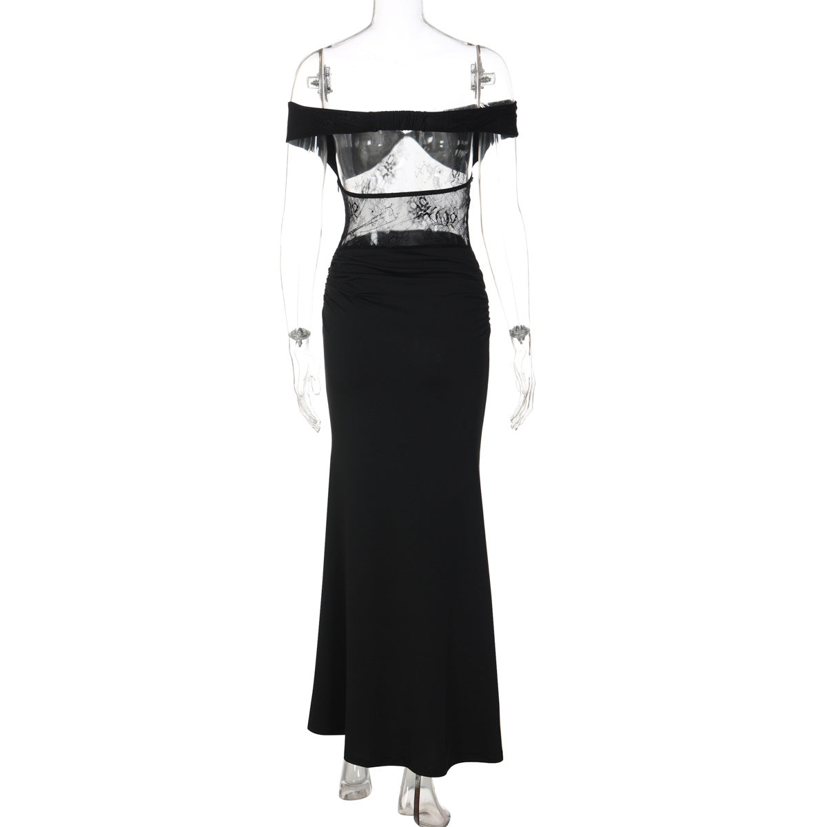 Off shoulder lace zip-up ruched solid maxi dress  | Festival Outfits Women
