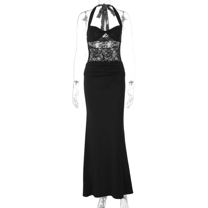 Lace patchwork halter self tie solid maxi dress  | Festival Outfits Women