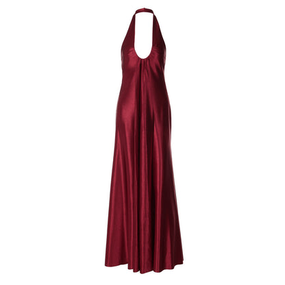U neck satin halter zip-up backless maxi dress  | Festival Outfits Women