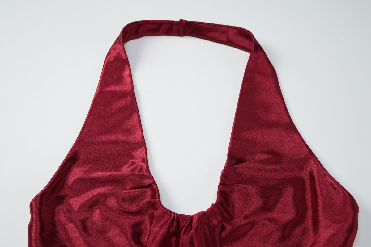 U neck satin halter zip-up backless maxi dress  | Festival Outfits Women