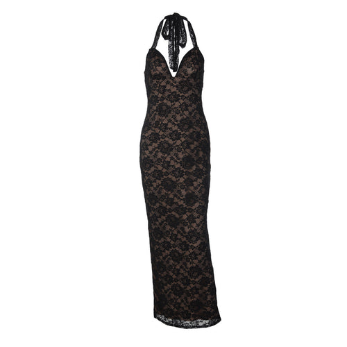 V neck self tie halter lace slit maxi dress  | Festival Outfits Women