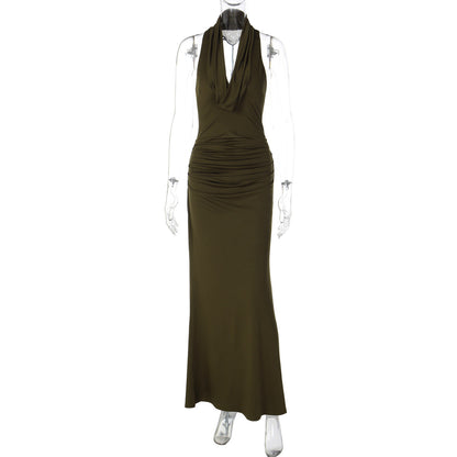 Ruched cowl neck backless solid maxi dress  | Festival Outfits Women