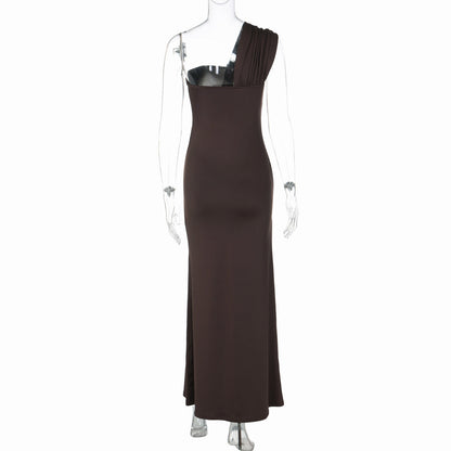 Irregular one shoulder hollow out solid maxi dress  | Festival Outfits Women