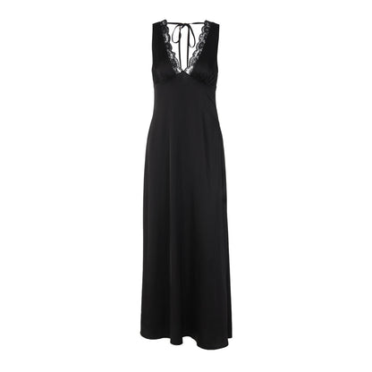 Lace hem v neck self tie backless maxi dress  | Festival Outfits Women