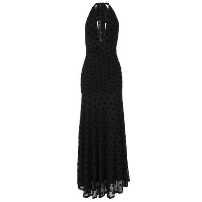 Polka dot deep v neck halter self tie ruched maxi dress  | Festival Outfits Women