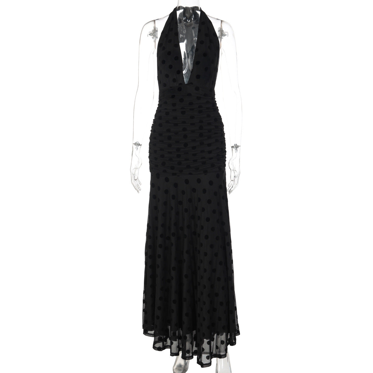 Polka dot deep v neck halter self tie ruched maxi dress  | Festival Outfits Women