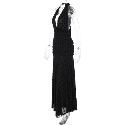 Polka dot deep v neck halter self tie ruched maxi dress  | Festival Outfits Women