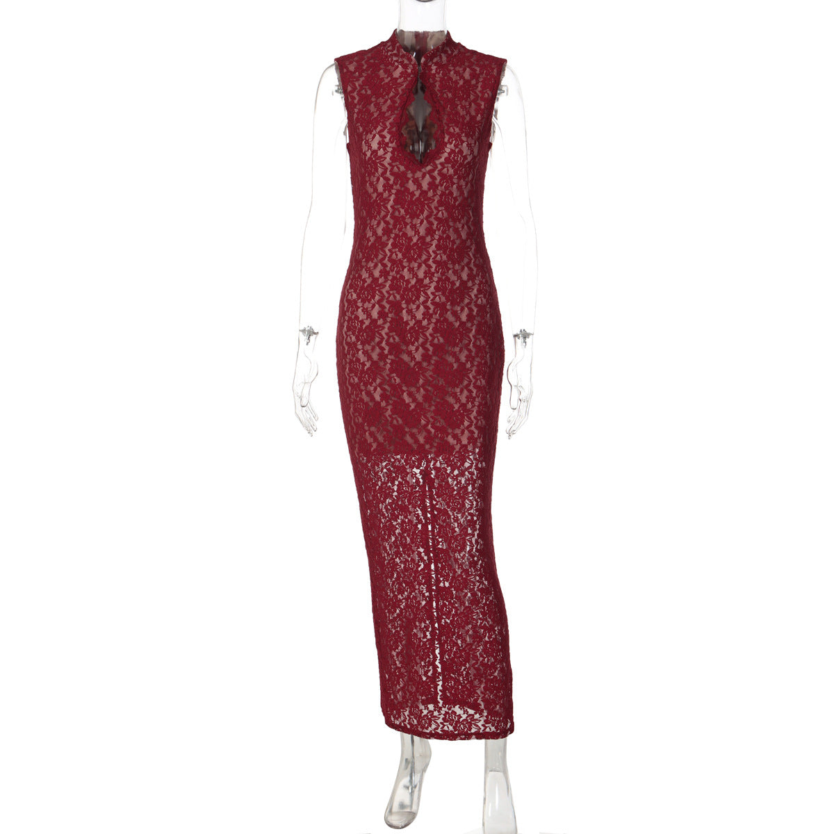 Lace hollow out slit sleeveless zip-up maxi dress  | Festival Outfits Women
