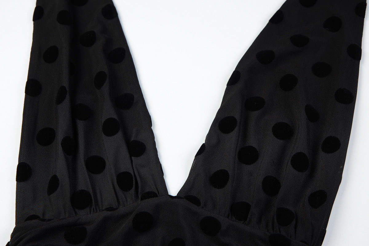 Polka dot deep v neck halter self tie ruched maxi dress  | Festival Outfits Women